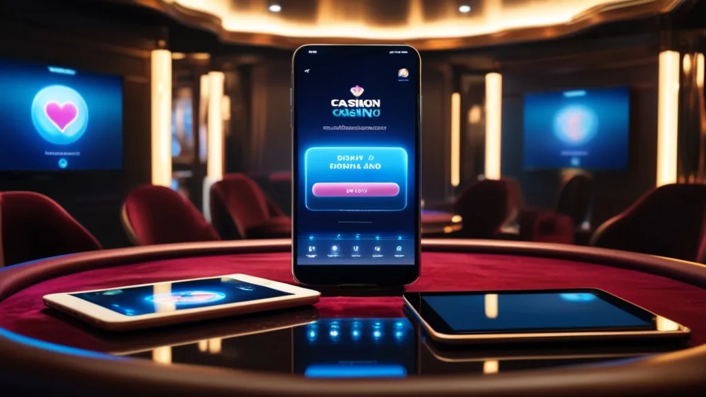 Smartphone und Tablet mit Download-Anzeige in dunkler Casino-Atmosphäre