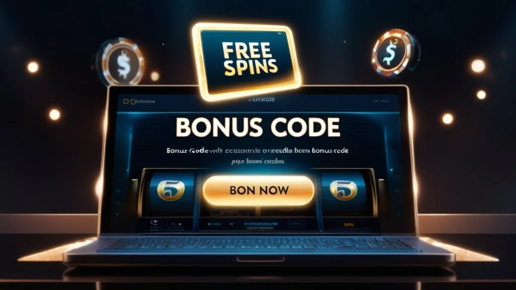 Dunkle Casino-Szene mit Bonuscode-Feld und leuchtenden Freispiel-Symbolen