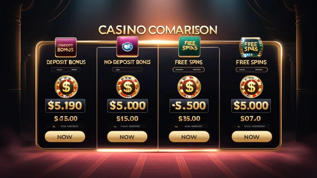 Vergleichsbild mit verschiedenen Bonusarten im Casino-Design