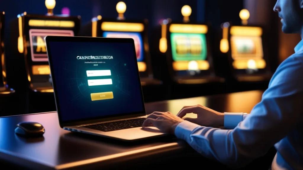 Person registriert sich an einem Laptop vor einer dunklen Casino-Atmosphäre