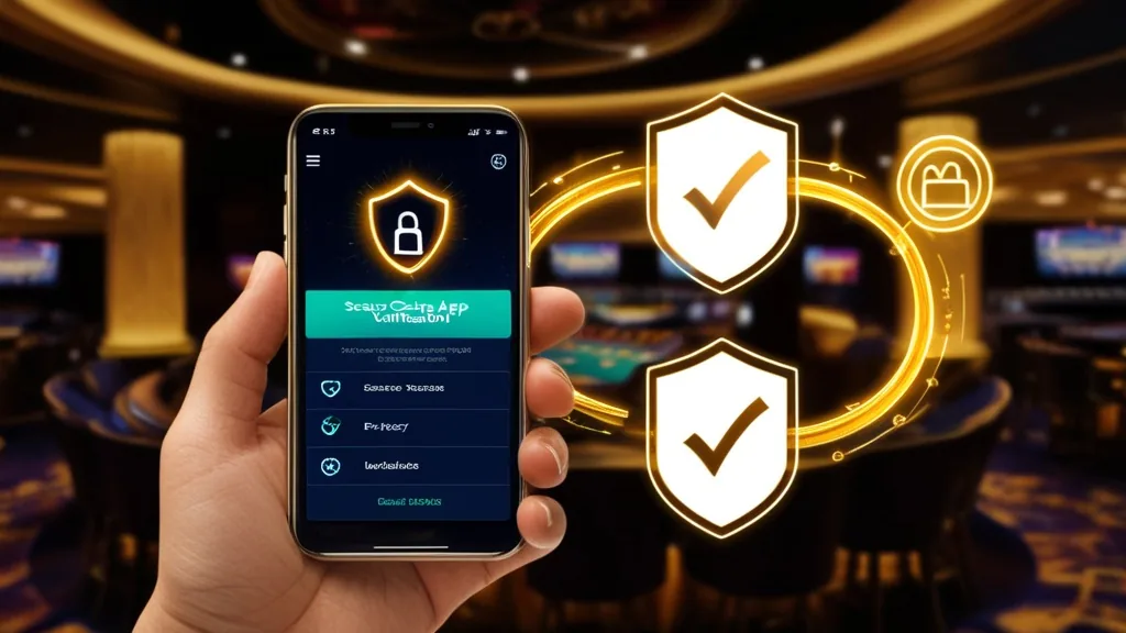 Smartphone mit Sicherheitscheck und Schildsymbol in dunkler Casino-Umgebung
