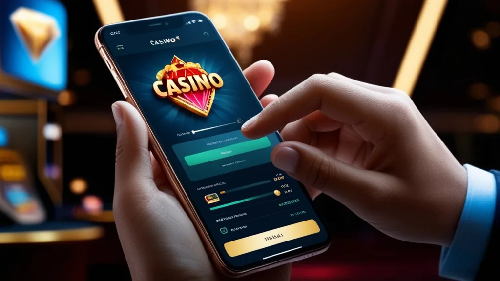 Hand installiert eine App auf dem Smartphone in dunkler Casino-Umgebung