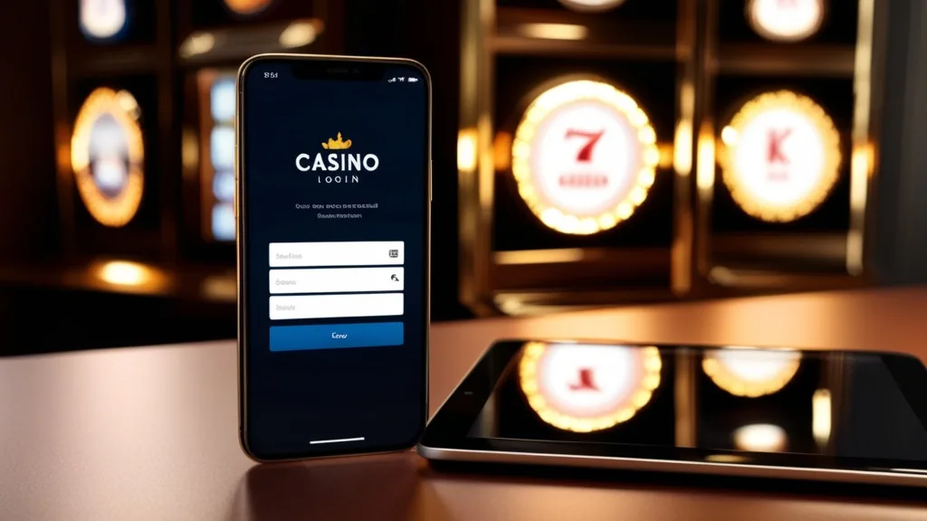 Smartphone und Tablet mit Anmeldebildschirm in dunkler Casino-Umgebung