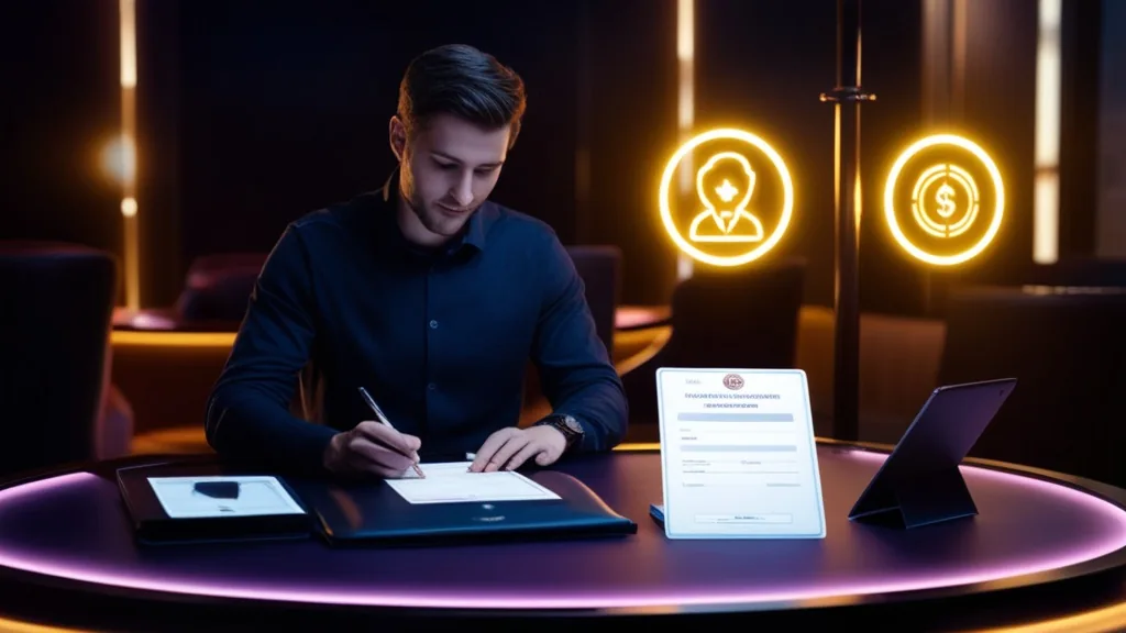 Verifizierungsunterlagen und Auszahlungsformular im dunklen Casino-Look